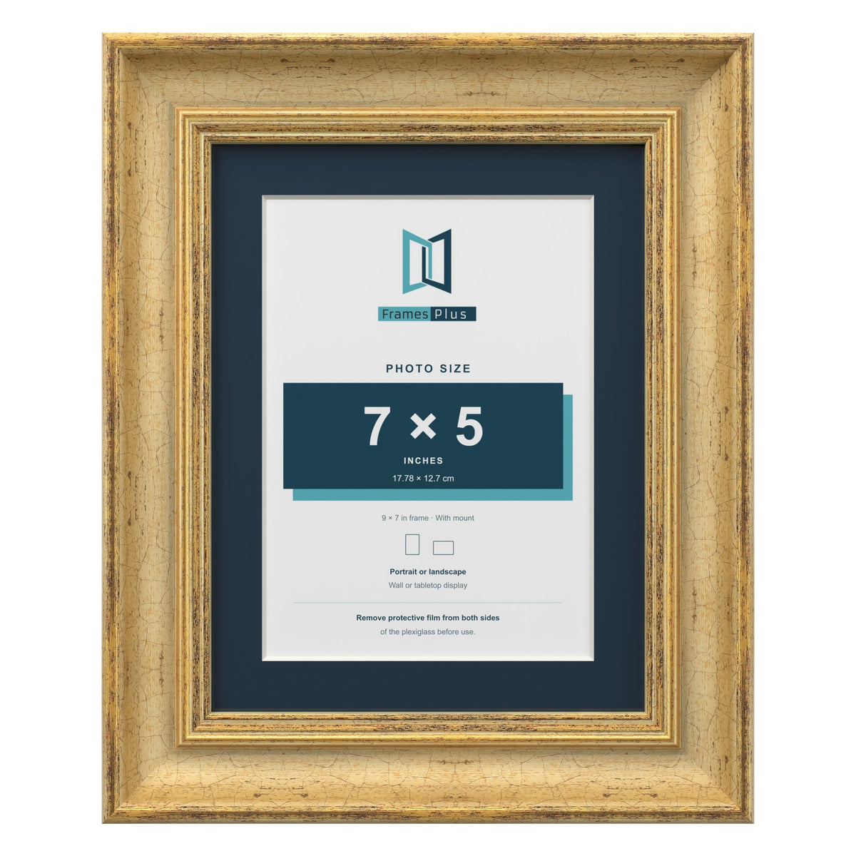 Cassis Gold 9 x 7 inch picture frame with a pacific blue mount for a 7 x 5 inch photo