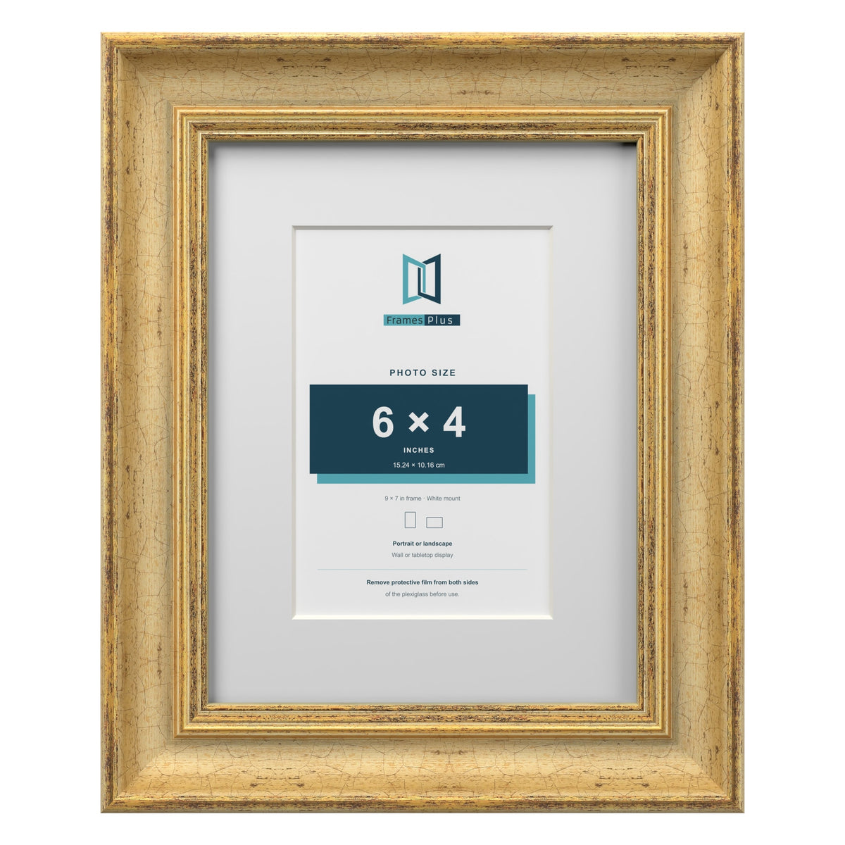 Cassis Gold 9 x 7 inch picture frame with a white mount for a 6 x 4 inch photo