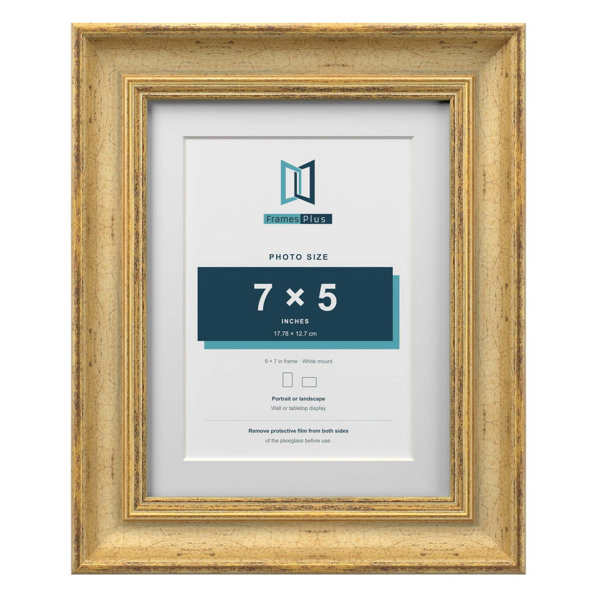 Cassis Gold 9 x 7 inch picture frame with a white mount for a 7 x 5 inch photo
