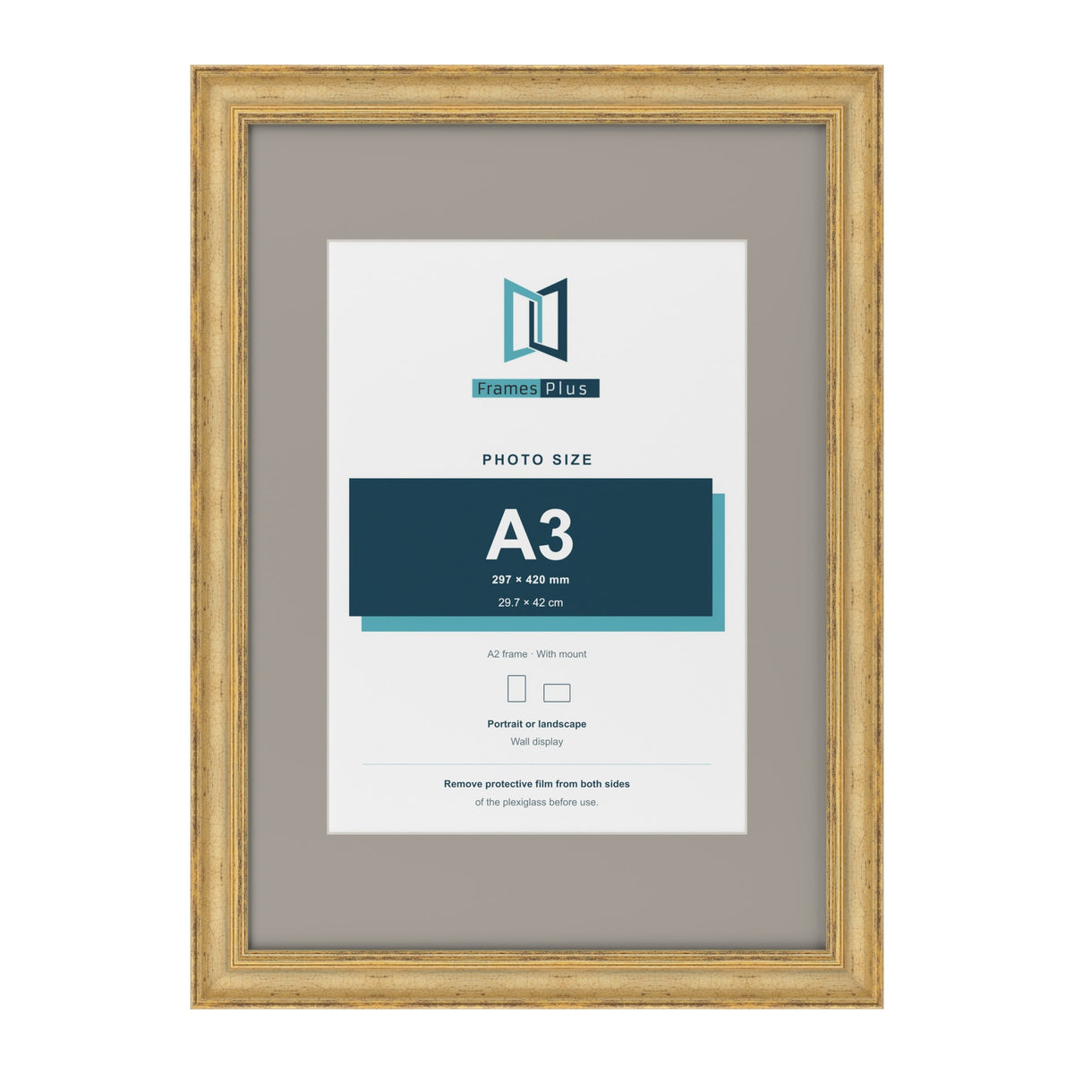 Cassis Gold A2 picture frame with a dawn grey mount for an A3 photo