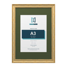 Cassis Gold A2 picture frame with a green mount for an A3 photo