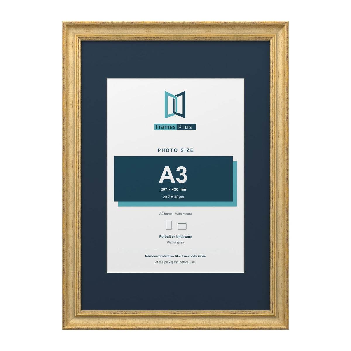 Cassis Gold A2 picture frame with a pacific blue mount for an A3 photo