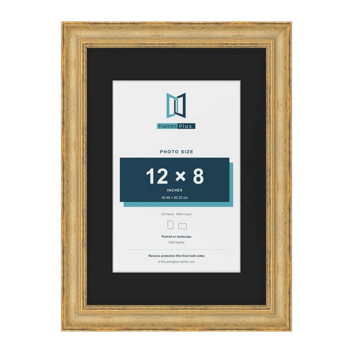 Cassis Gold A3 picture frame with a black mount for a 12 x 8 inch photo