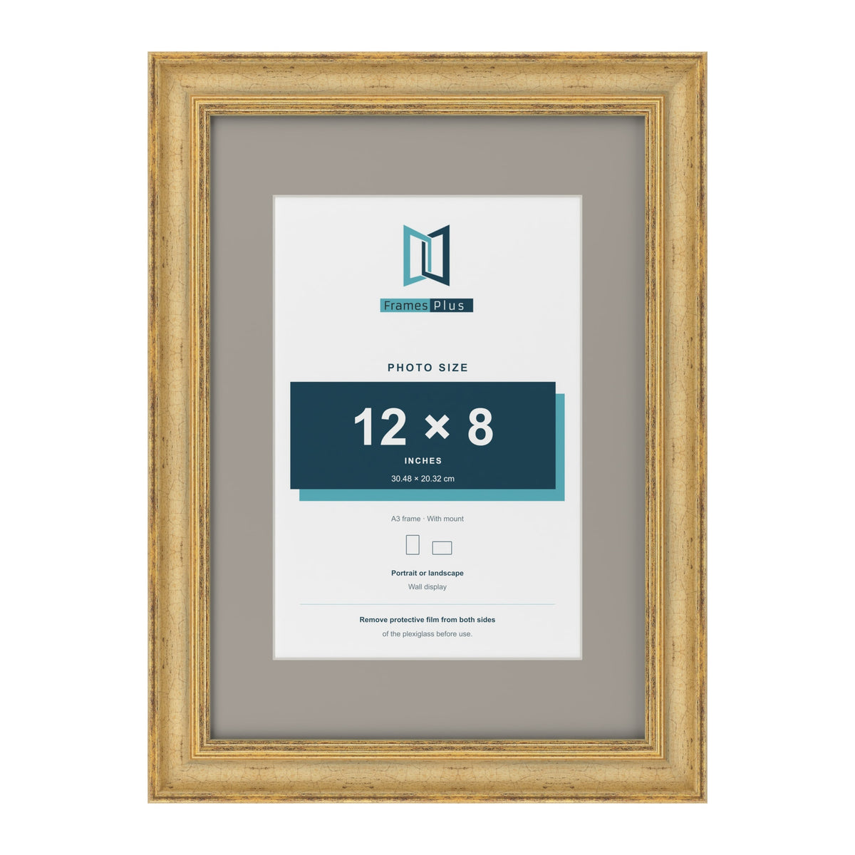 Cassis Gold A3 picture frame with a dawn grey mount for a 12 x 8 inch photo