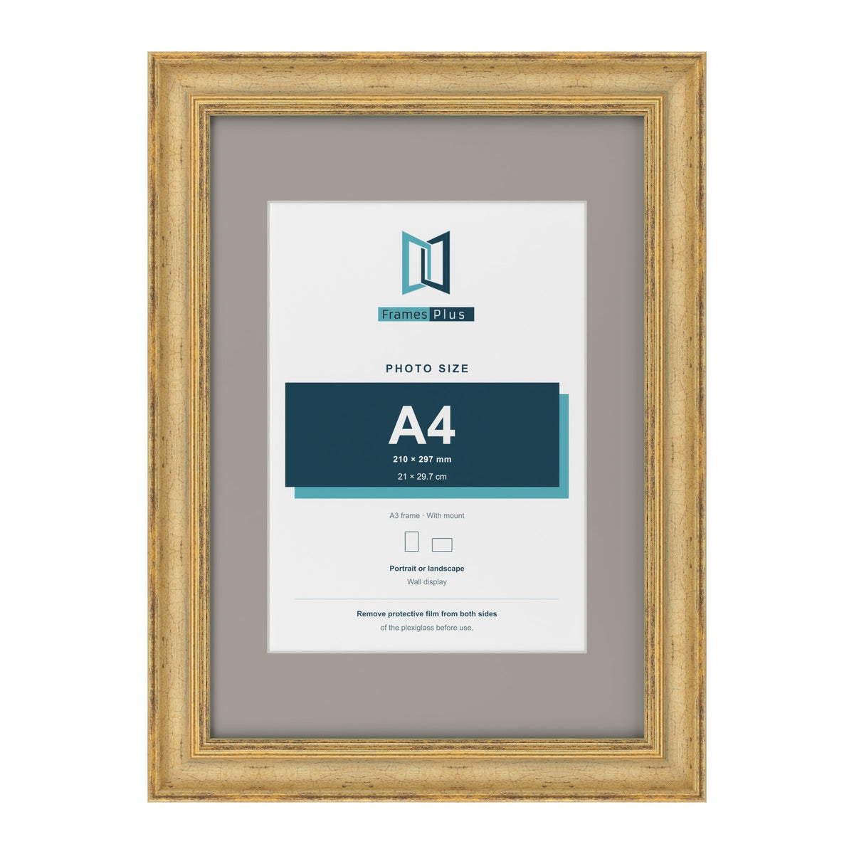Cassis Gold A3 picture frame with a dawn grey mount for an A4 photo