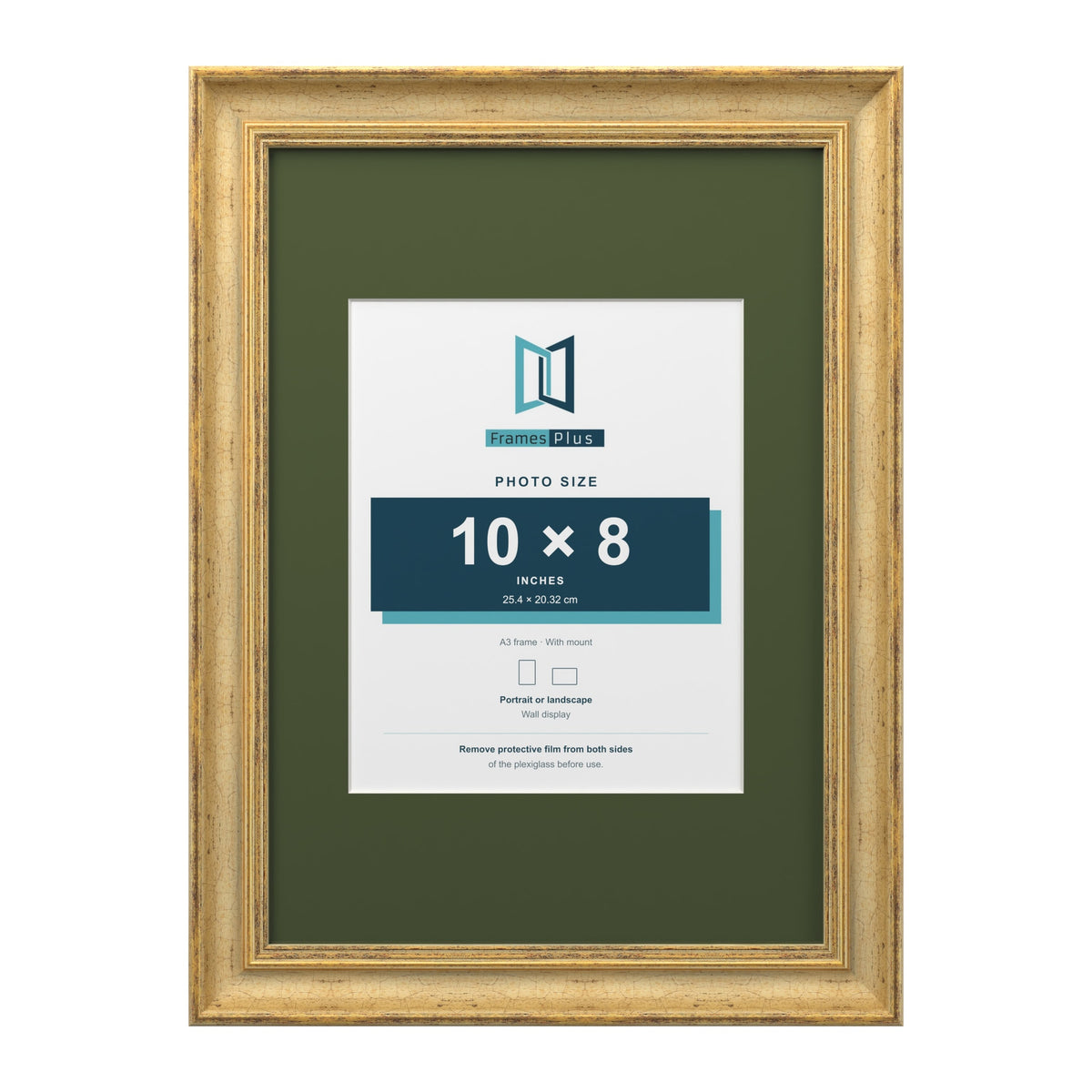 Cassis Gold A3 picture frame with a green mount for a 10 x 8 inch photo