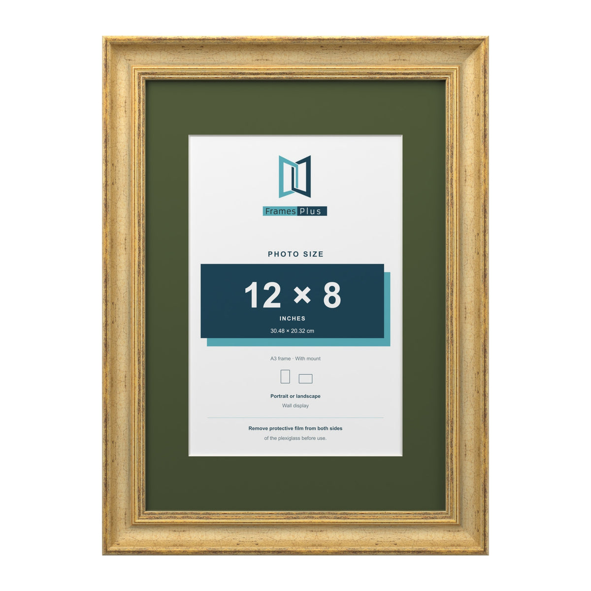 Cassis Gold A3 picture frame with a green mount for a 12 x 8 inch photo