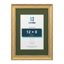 Cassis Gold A3 picture frame with a green mount for a 12 x 8 inch photo