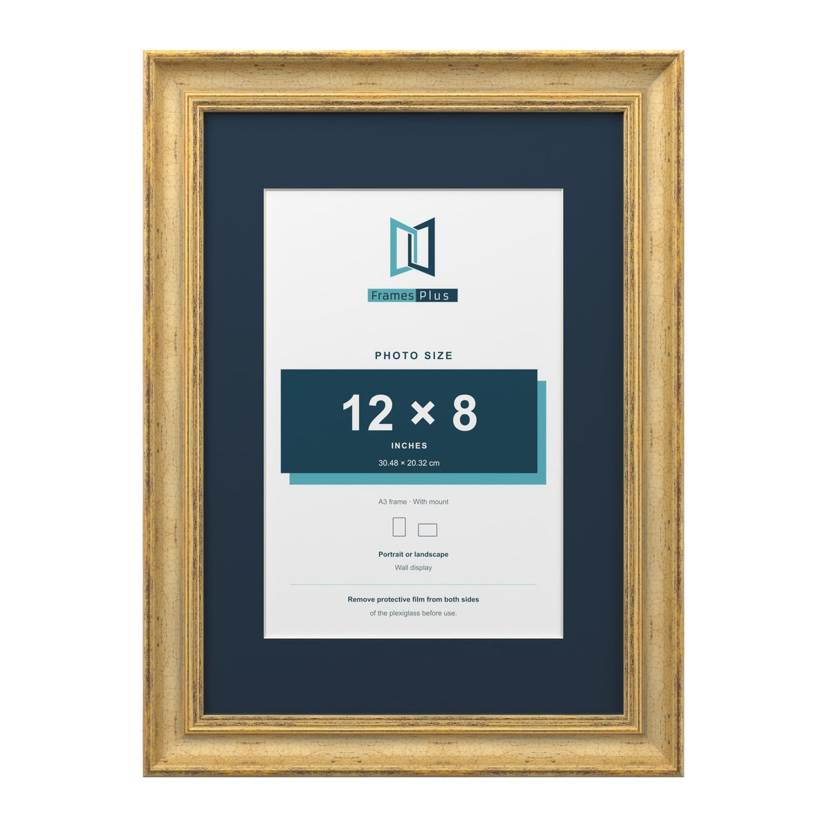 Cassis Gold A3 picture frame with a pacific blue mount for a 12 x 8 inch photo