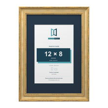 Cassis Gold A3 picture frame with a pacific blue mount for a 12 x 8 inch photo