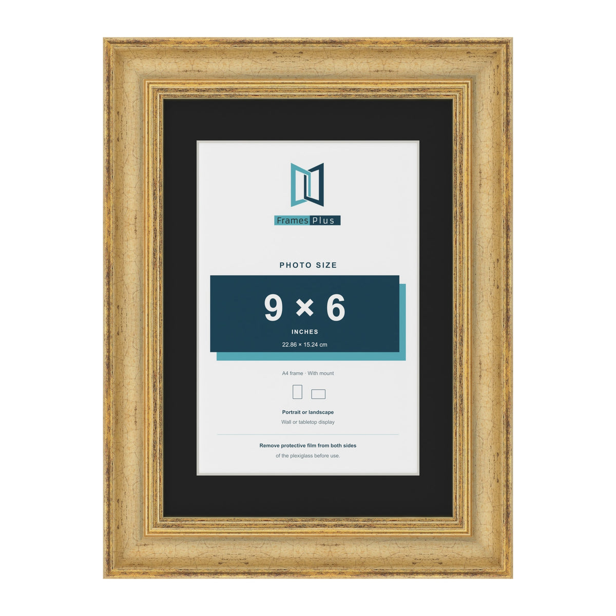 Cassis Gold A4 picture frame with a black mount for a 9 x 6 inch photo