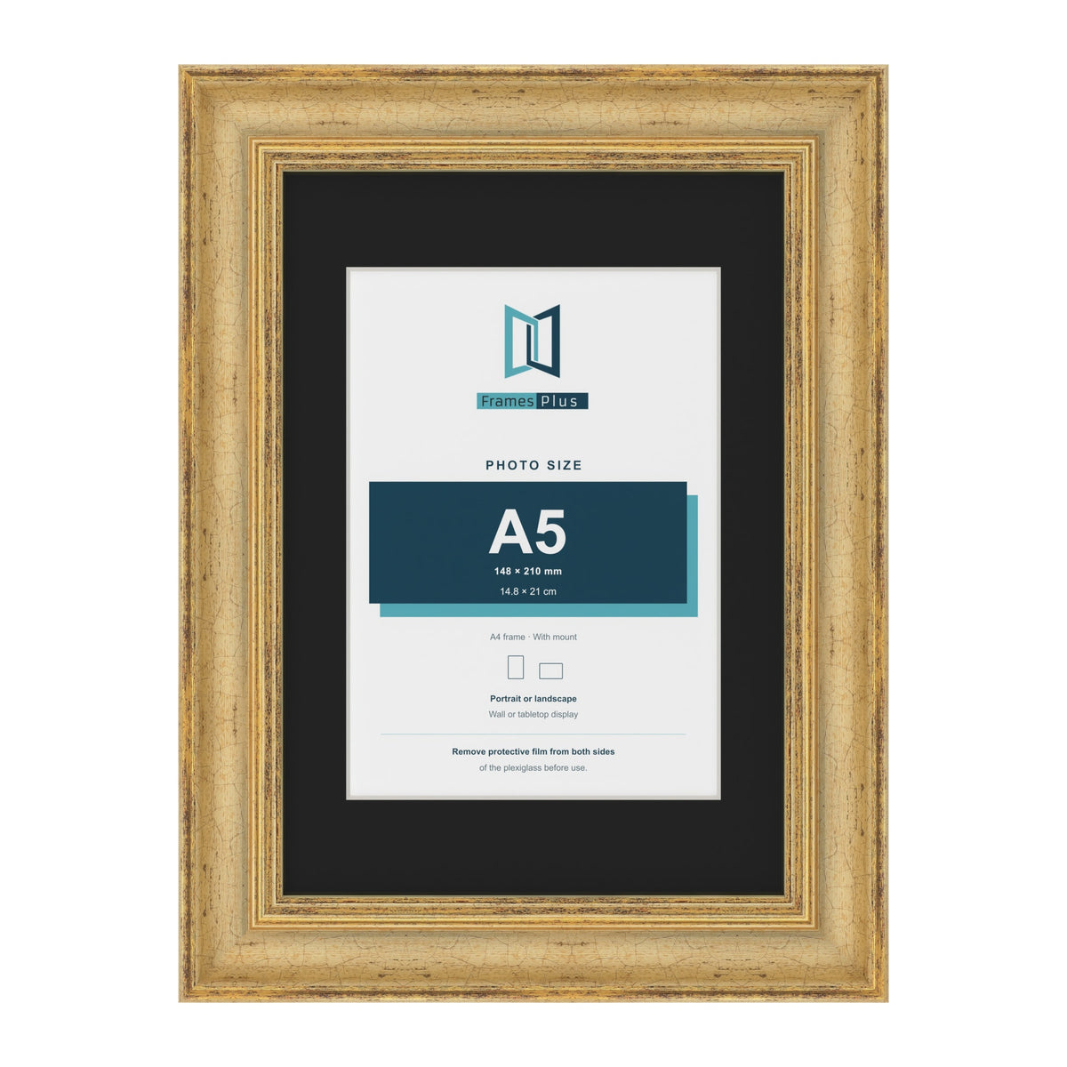 Cassis Gold A4 picture frame with a black mount for an A5 photo