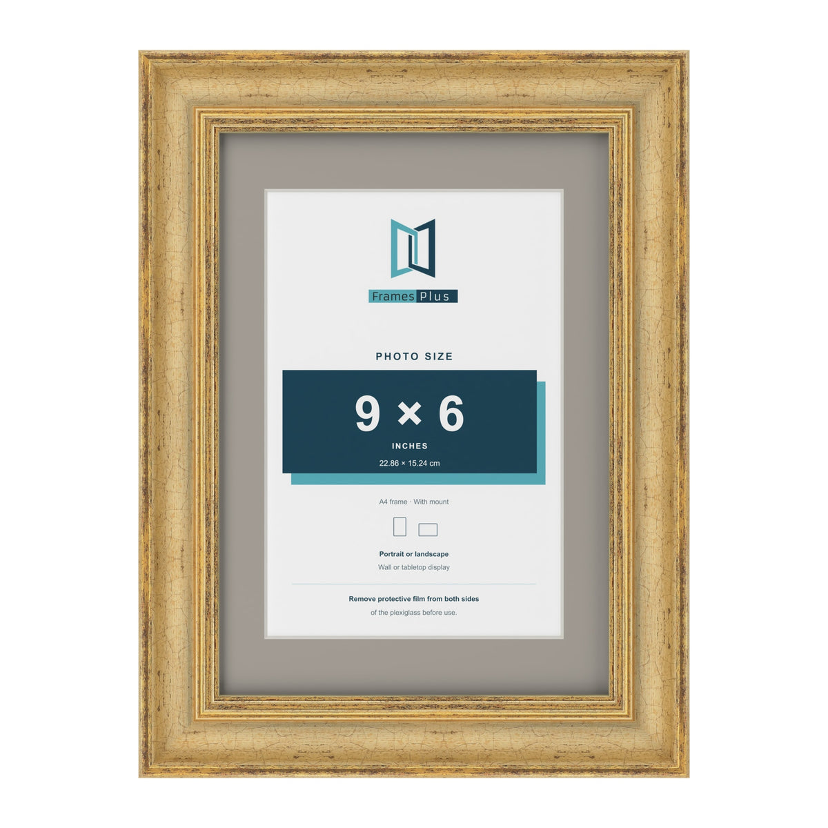 Cassis Gold A4 picture frame with a dawn grey mount for a 9 x 6 inch photo