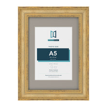 Cassis Gold A4 picture frame with a dawn grey mount for an A5 photo
