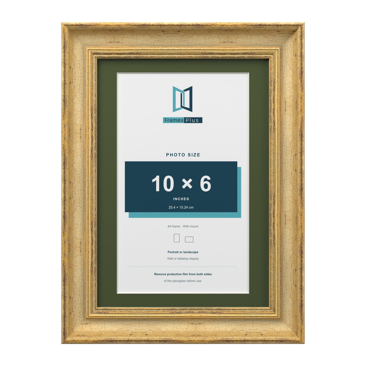 Cassis Gold A4 picture frame with a green mount for a 10 x 6 inch photo