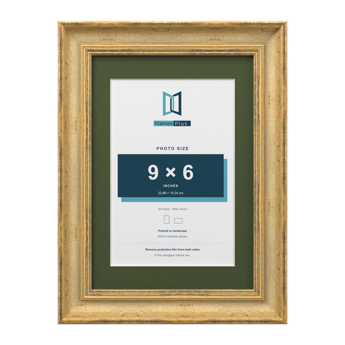 Cassis Gold A4 picture frame with a green mount for a 9 x 6 inch photo