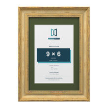 Cassis Gold A4 picture frame with a green mount for a 9 x 6 inch photo