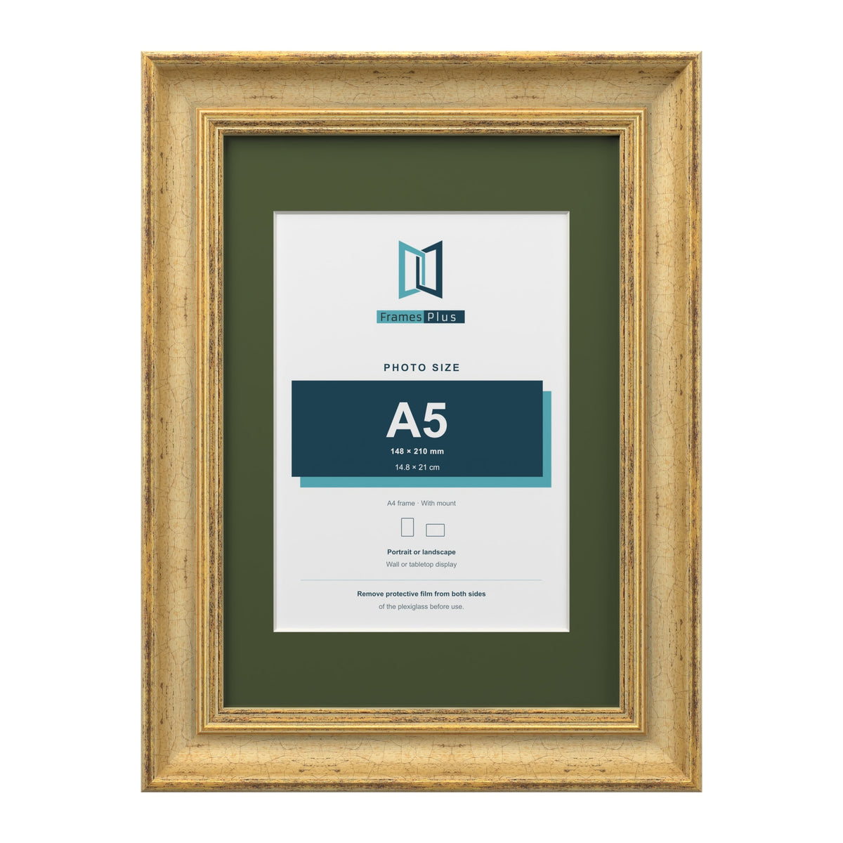 Cassis Gold A4 picture frame with a green mount for an A5 photo