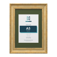 Cassis Gold A4 picture frame with a green mount for an A5 photo