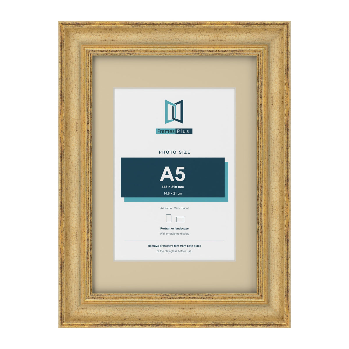 Cassis Gold A4 picture frame with an ivory mount for an A5 photo