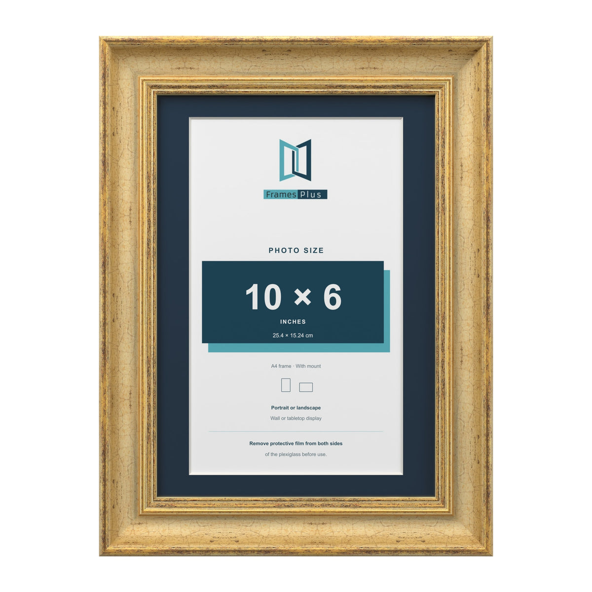 Cassis Gold A4 picture frame with a pacific blue mount for a 10 x 6 inch photo