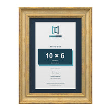 Cassis Gold A4 picture frame with a pacific blue mount for a 10 x 6 inch photo