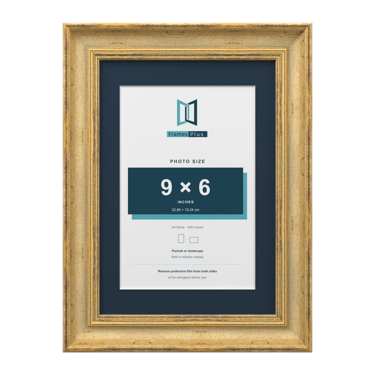 Cassis Gold A4 picture frame with a pacific blue mount for a 9 x 6 inch photo