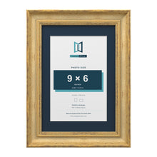 Cassis Gold A4 picture frame with a pacific blue mount for a 9 x 6 inch photo