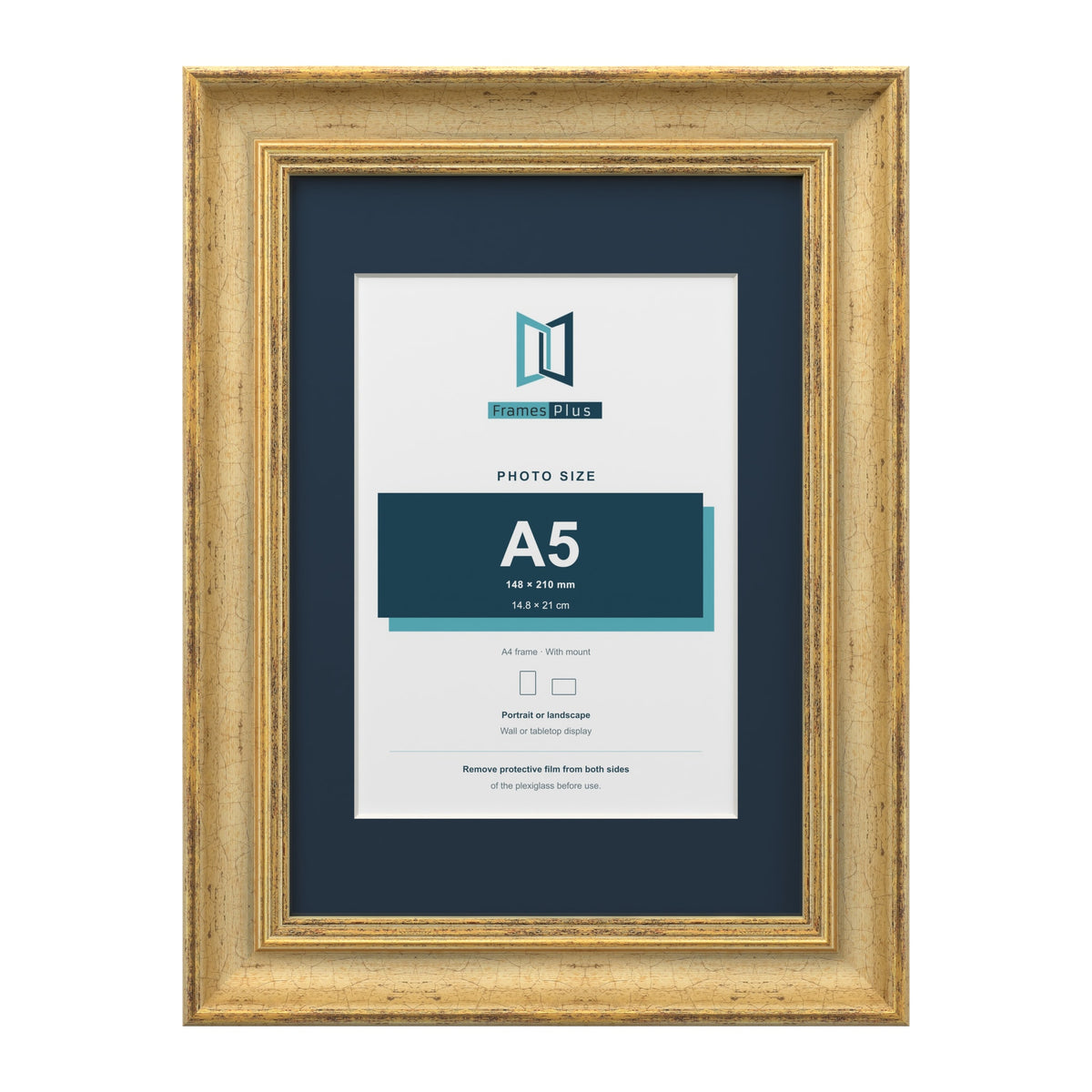 Cassis Gold A4 picture frame with a pacific blue mount for an A5 photo