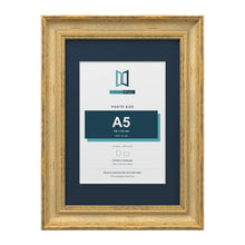 Cassis Gold A4 picture frame with a pacific blue mount for an A5 photo