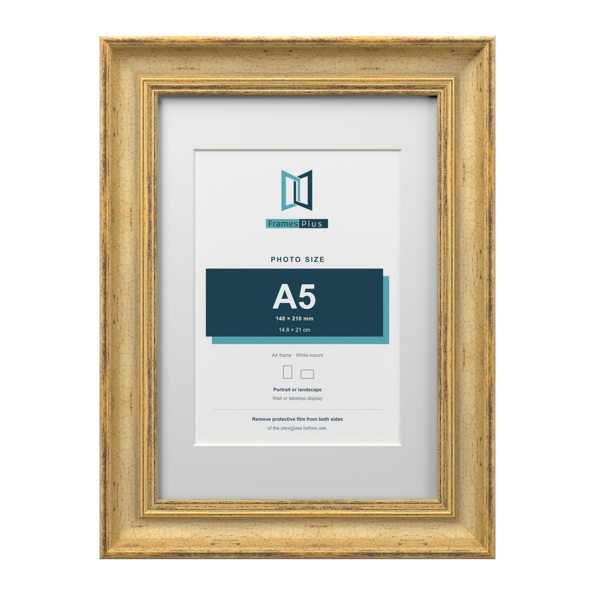Cassis Gold A4 picture frame with a white mount for an A5 photo