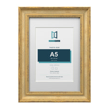 Cassis Gold A4 picture frame with a white mount for an A5 photo