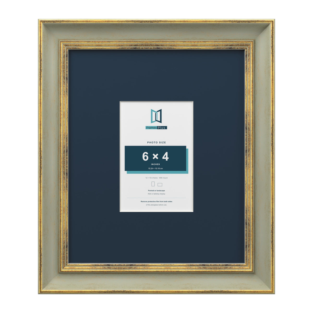 Cassis Green 12 x 10 inch picture frame with a pacific blue mount for a 6 x 4 inch photo