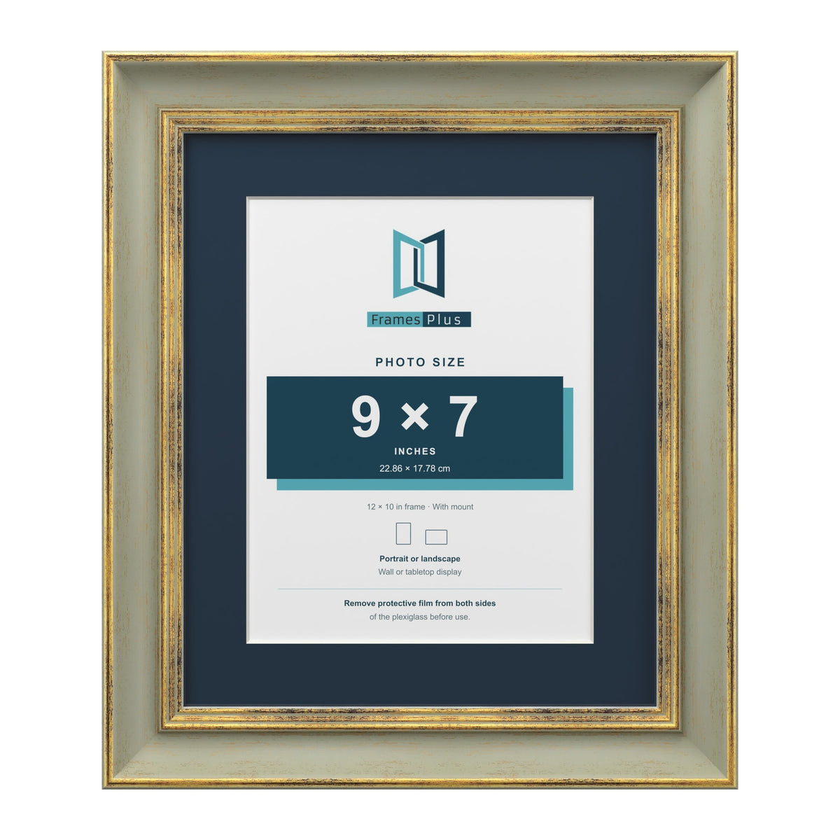Cassis Green 12 x 10 inch picture frame with a pacific blue mount for a 9 x 7 inch photo