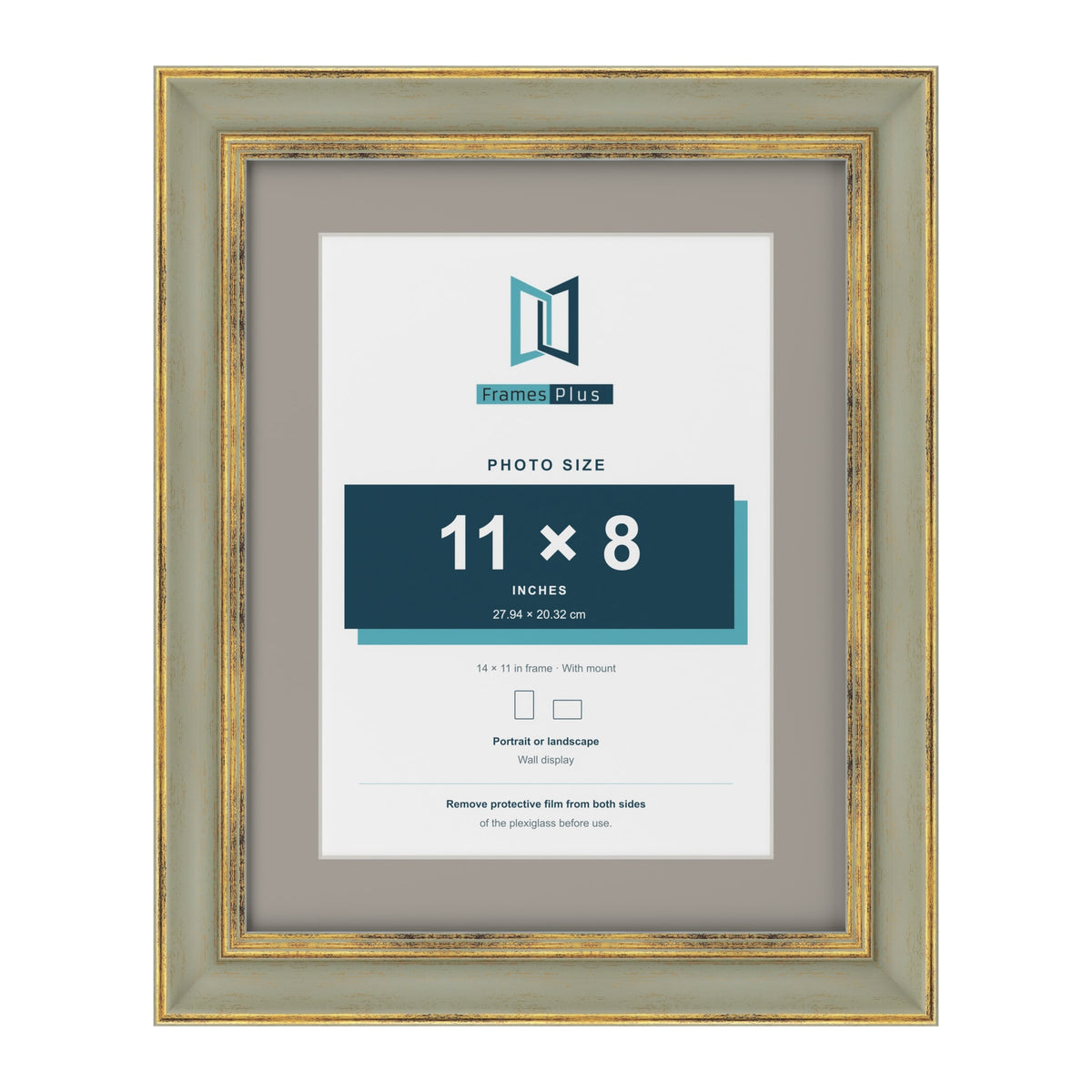 Cassis Green 14 x 11 inch picture frame with a dawn grey mount for an 11 x 8 inch photo