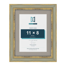Cassis Green 14 x 11 inch picture frame with a dawn grey mount for an 11 x 8 inch photo