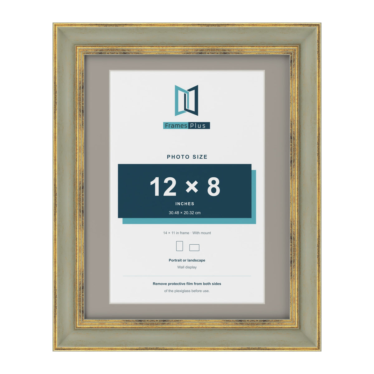 Cassis Green 14 x 11 inch picture frame with a dawn grey mount for a 12 x 8 inch photo