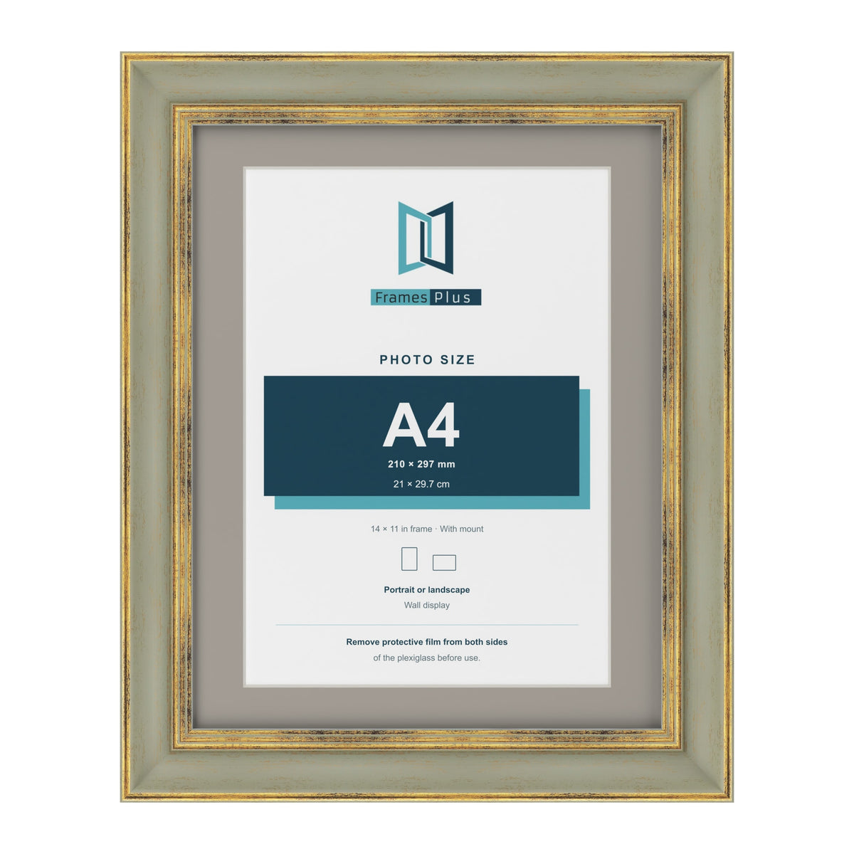 Cassis Green 14 x 11 inch picture frame with a dawn grey mount for an A4 photo