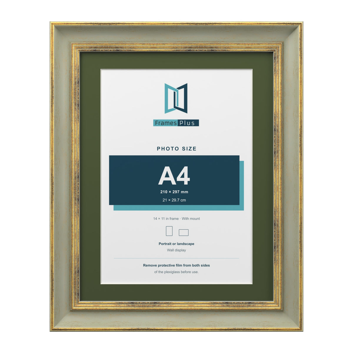 Cassis Green 14 x 11 inch picture frame with a green mount for an A4 photo