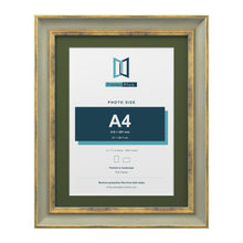 Cassis Green 14 x 11 inch picture frame with a green mount for an A4 photo