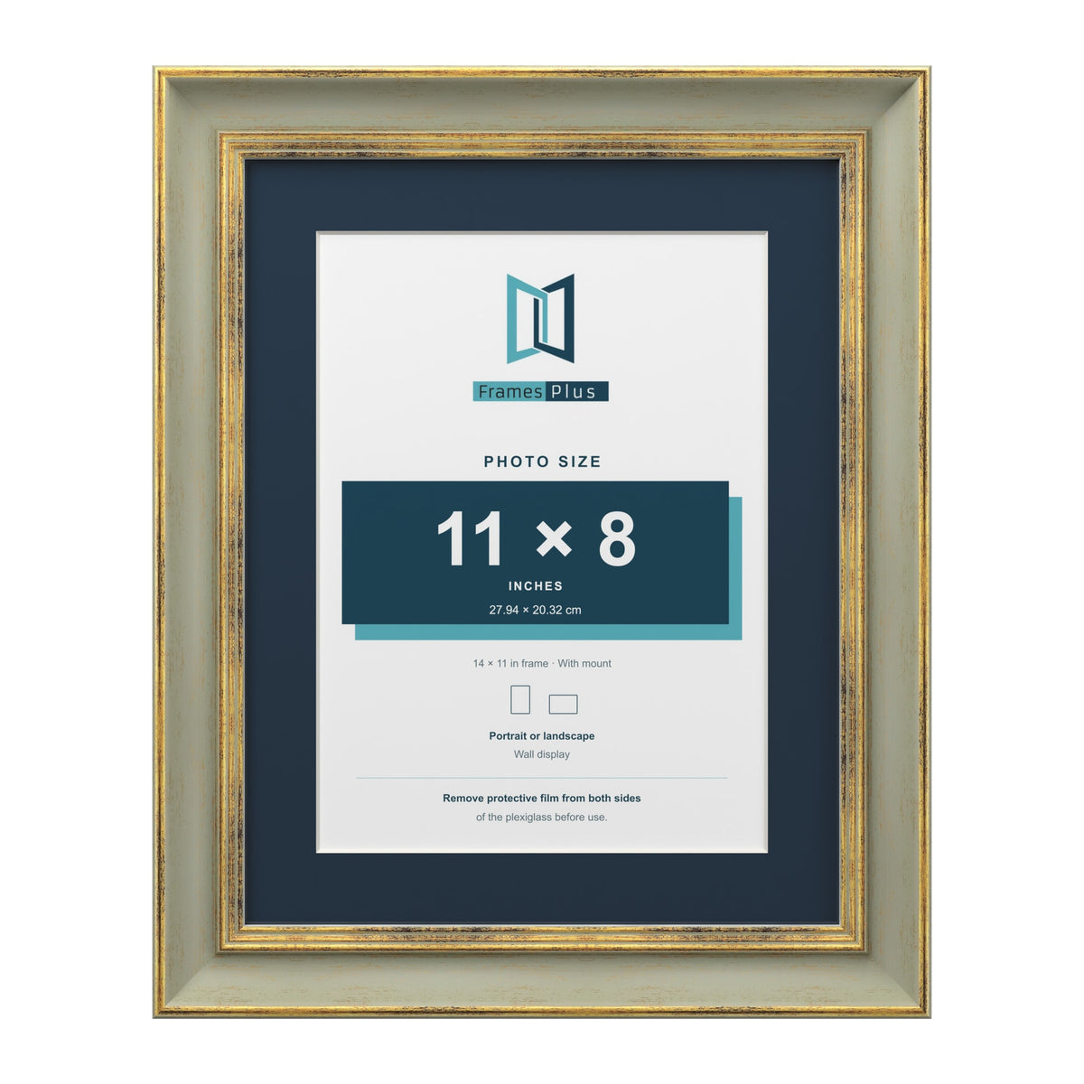 Cassis Green 14 x 11 inch picture frame with a pacific blue mount for an 11 x 8 inch photo