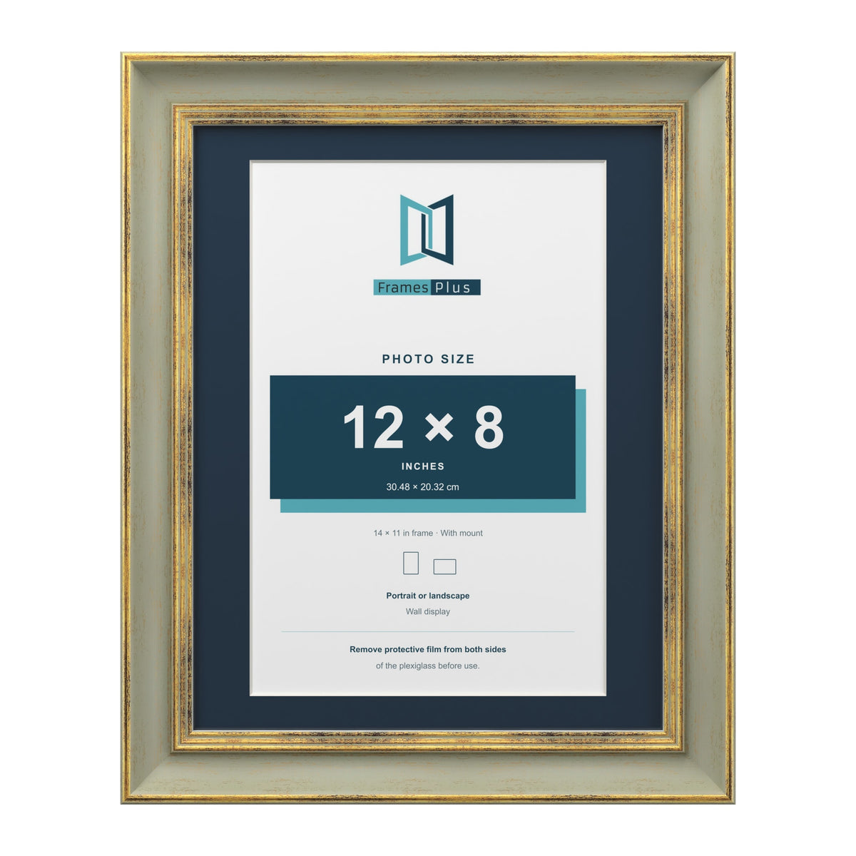 Cassis Green 14 x 11 inch picture frame with a pacific blue mount for a 12 x 8 inch photo