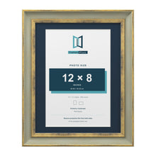 Cassis Green 14 x 11 inch picture frame with a pacific blue mount for a 12 x 8 inch photo