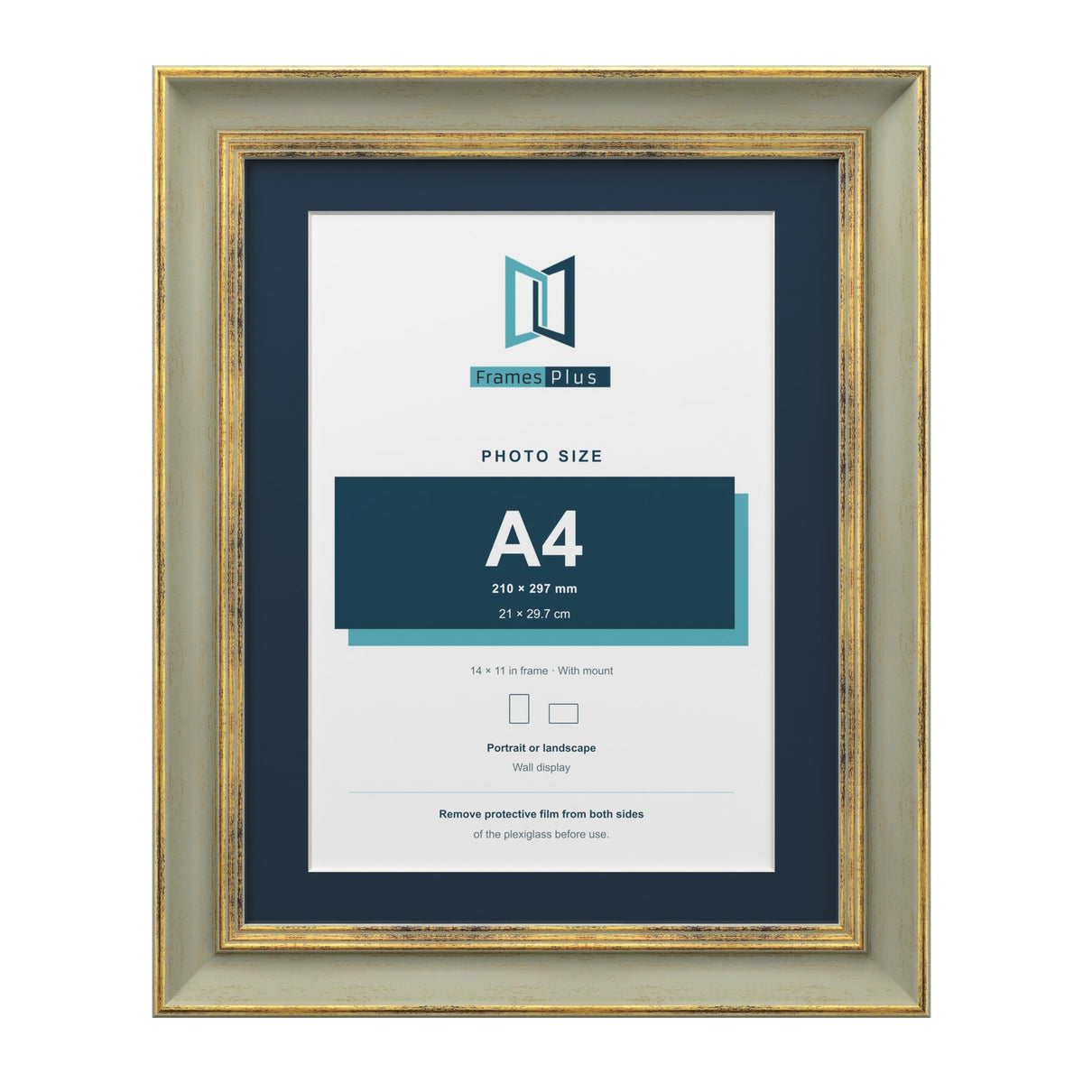 Cassis Green 14 x 11 inch picture frame with a pacific blue mount for an A4 photo