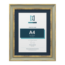 Cassis Green 14 x 11 inch picture frame with a pacific blue mount for an A4 photo