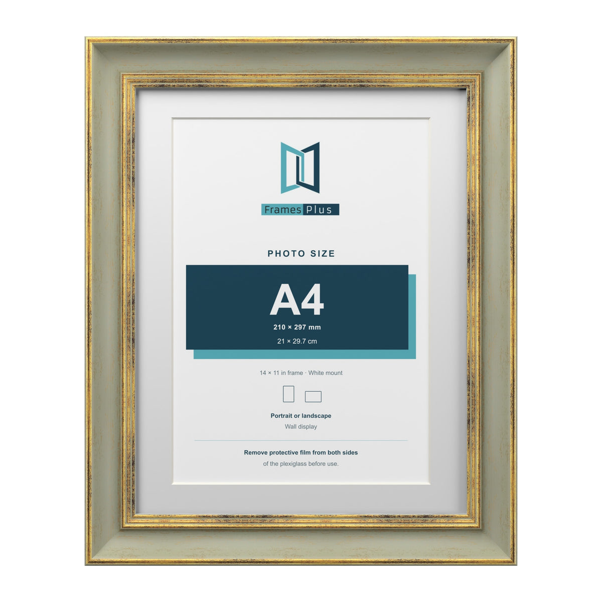 Cassis Green 14 x 11 inch picture frame with a white mount for an A4 photo