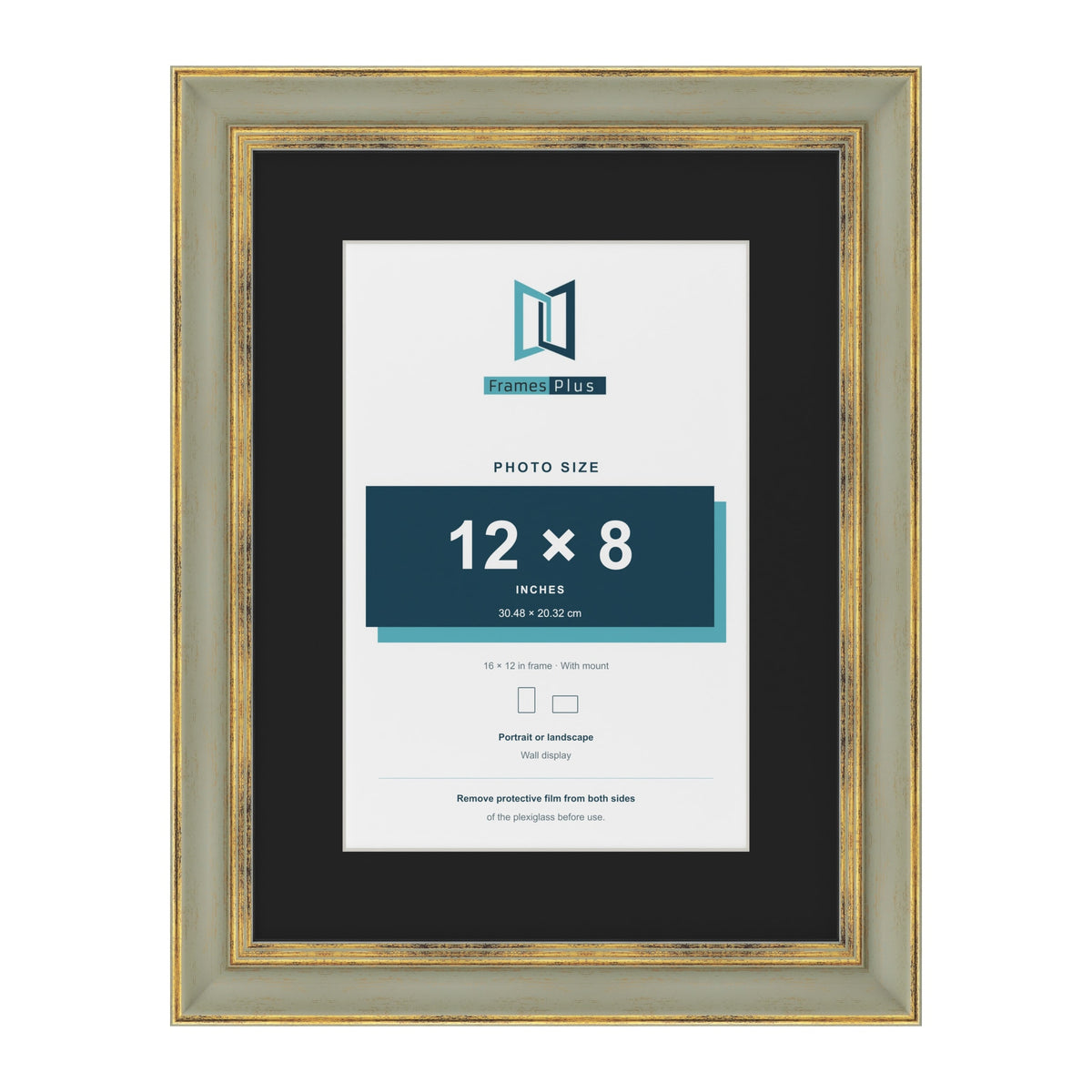 Cassis Green 16 x 12 inch picture frame with a black mount for a 12 x 8 inch photo