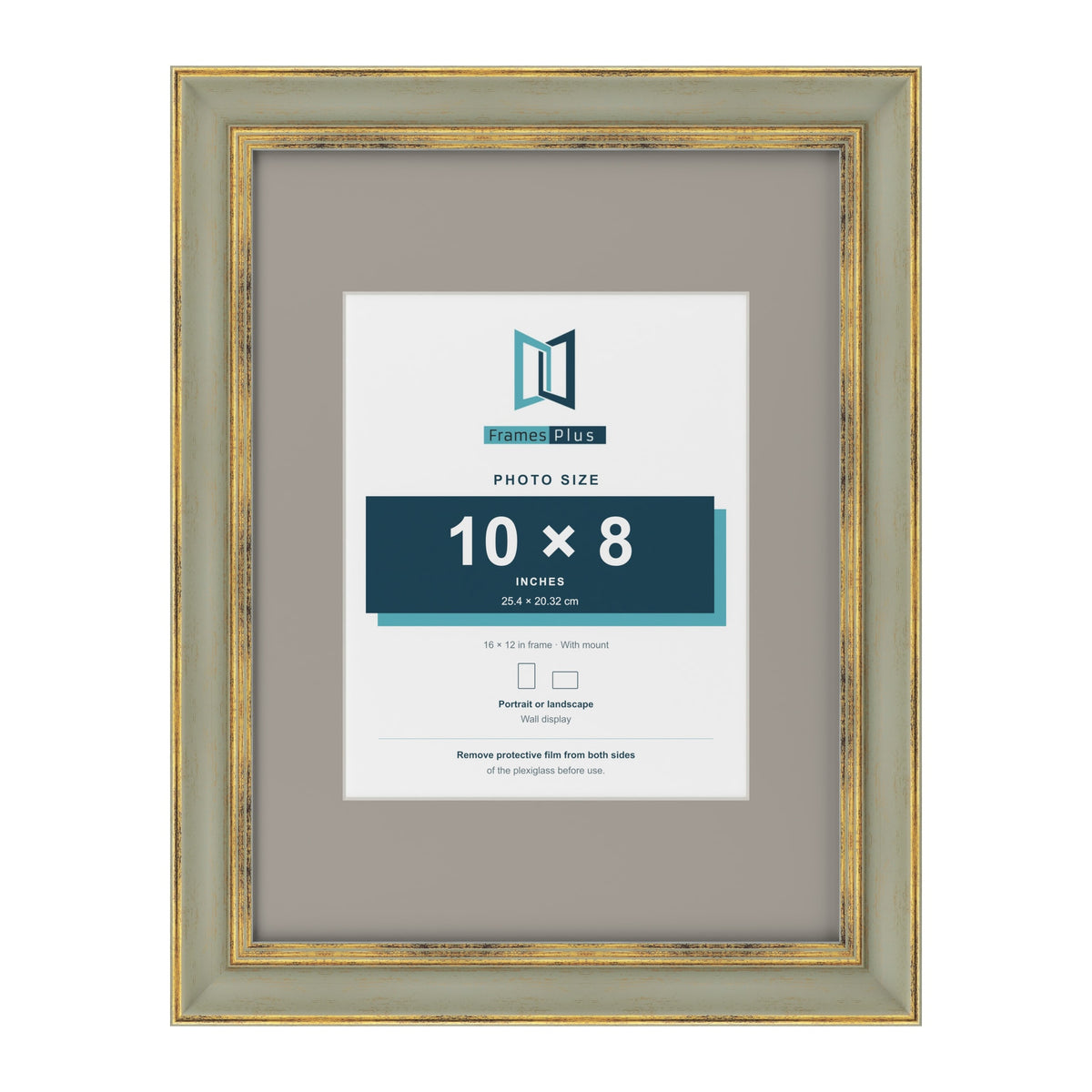 Cassis Green 16 x 12 inch picture frame with a dawn grey mount for a 10 x 8 inch photo