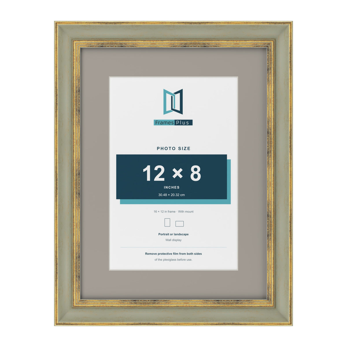 Cassis Green 16 x 12 inch picture frame with a dawn grey mount for a 12 x 8 inch photo