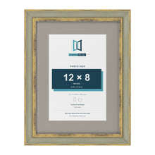 Cassis Green 16 x 12 inch picture frame with a dawn grey mount for a 12 x 8 inch photo